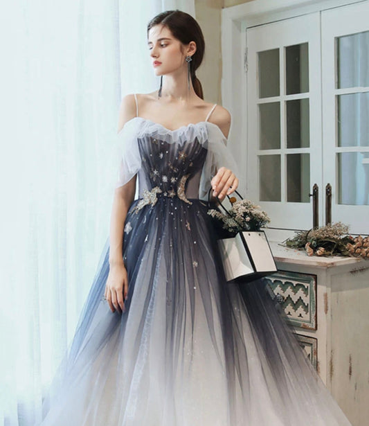 Blue tulle sequins long prom dress A line evening dress  10401