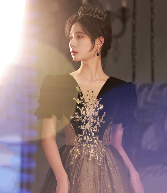 Black tulle sequins long prom dress A line evening dress  10441