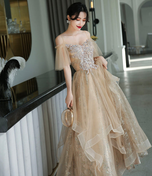 Champagne tulle lace long prom dress A line evening dress  10339