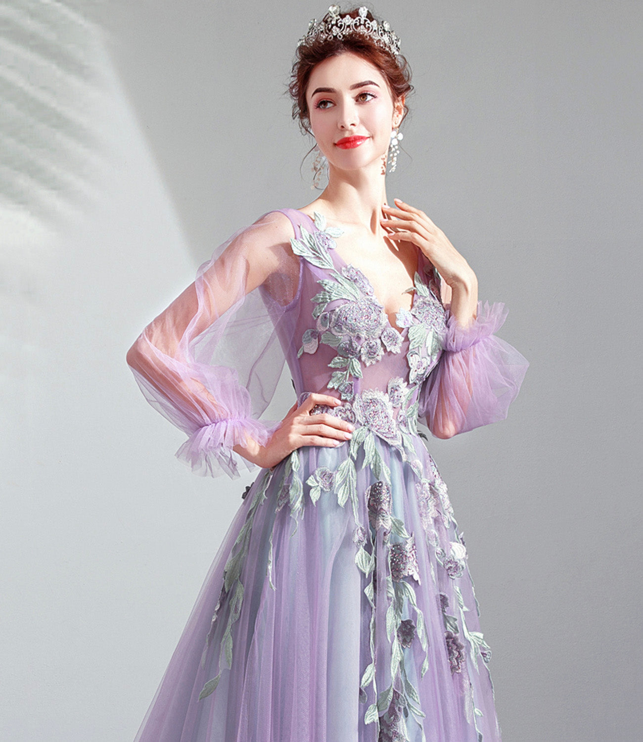 Purple tulle lace long prom dress A line evening dress  10552