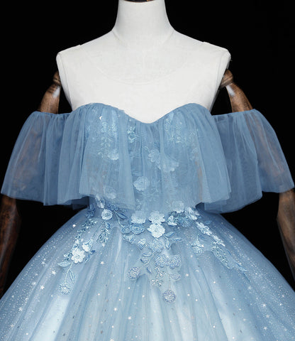 Blue tulle lace long ball gown dress A line formal dress  10461