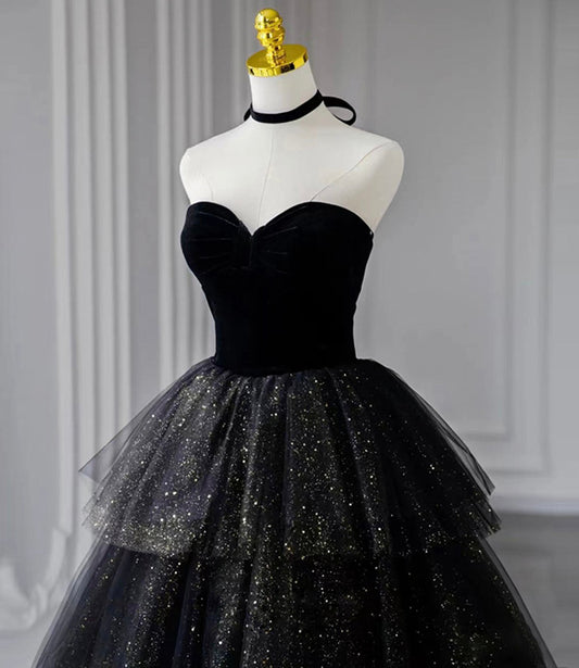 Black velvet tulle long ball gown dress black formal dress  10432