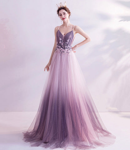 Purple tulle sequins long prom dress purple evening dress  10479