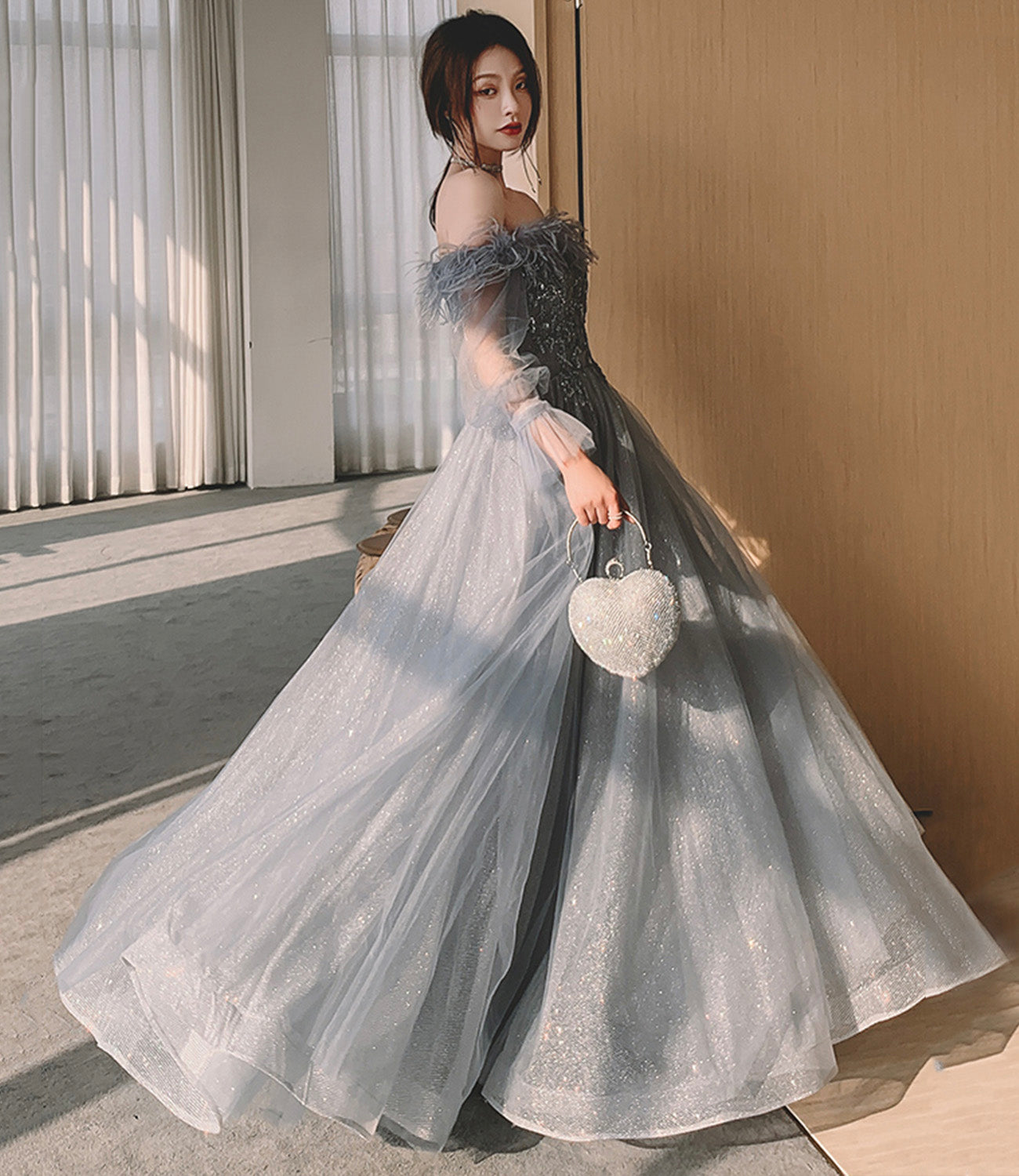 Gray tulle sequins long prom dress A line evening dress  10559