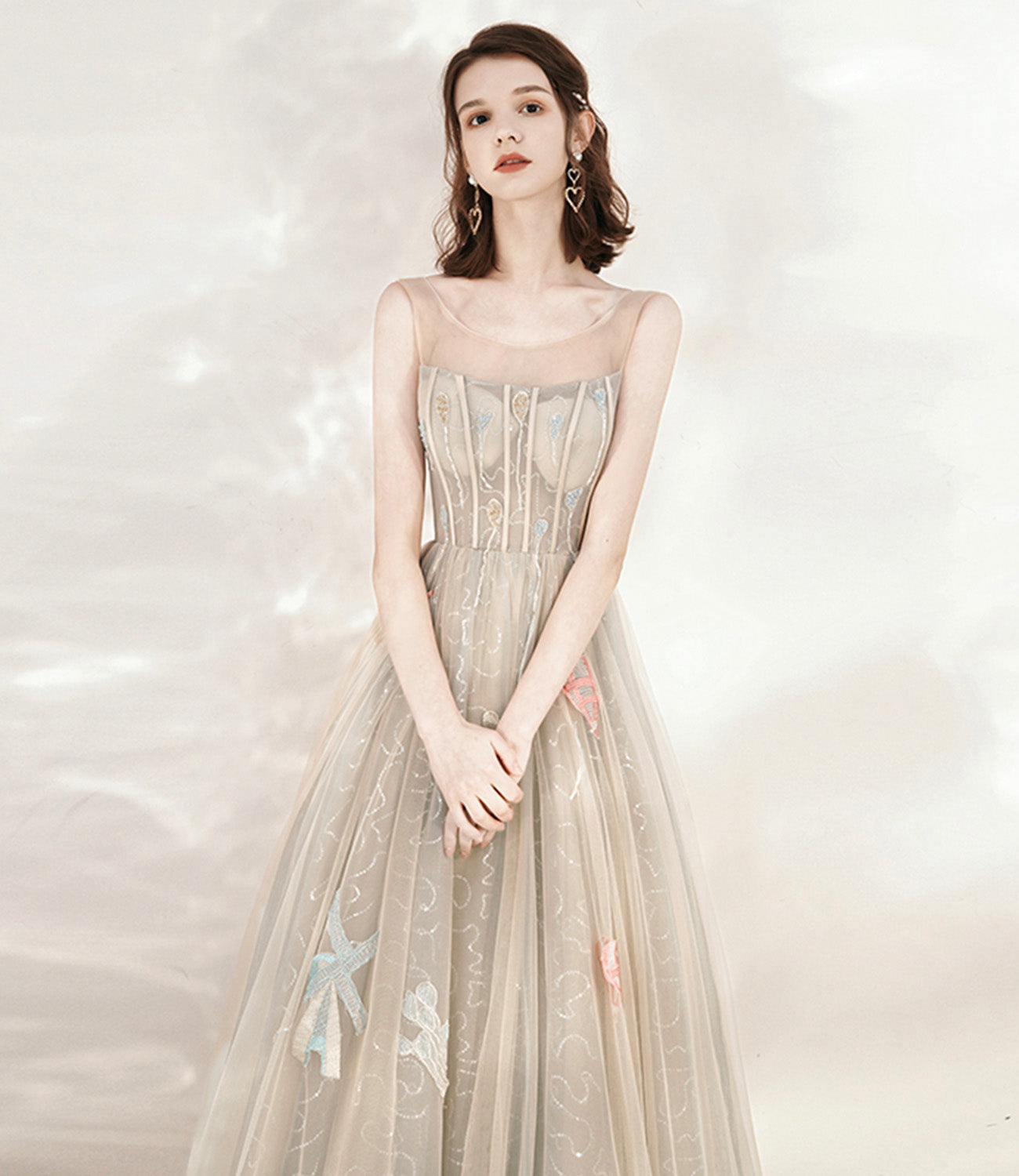 Champagne tulle sequins long prom dress evening dress  10542
