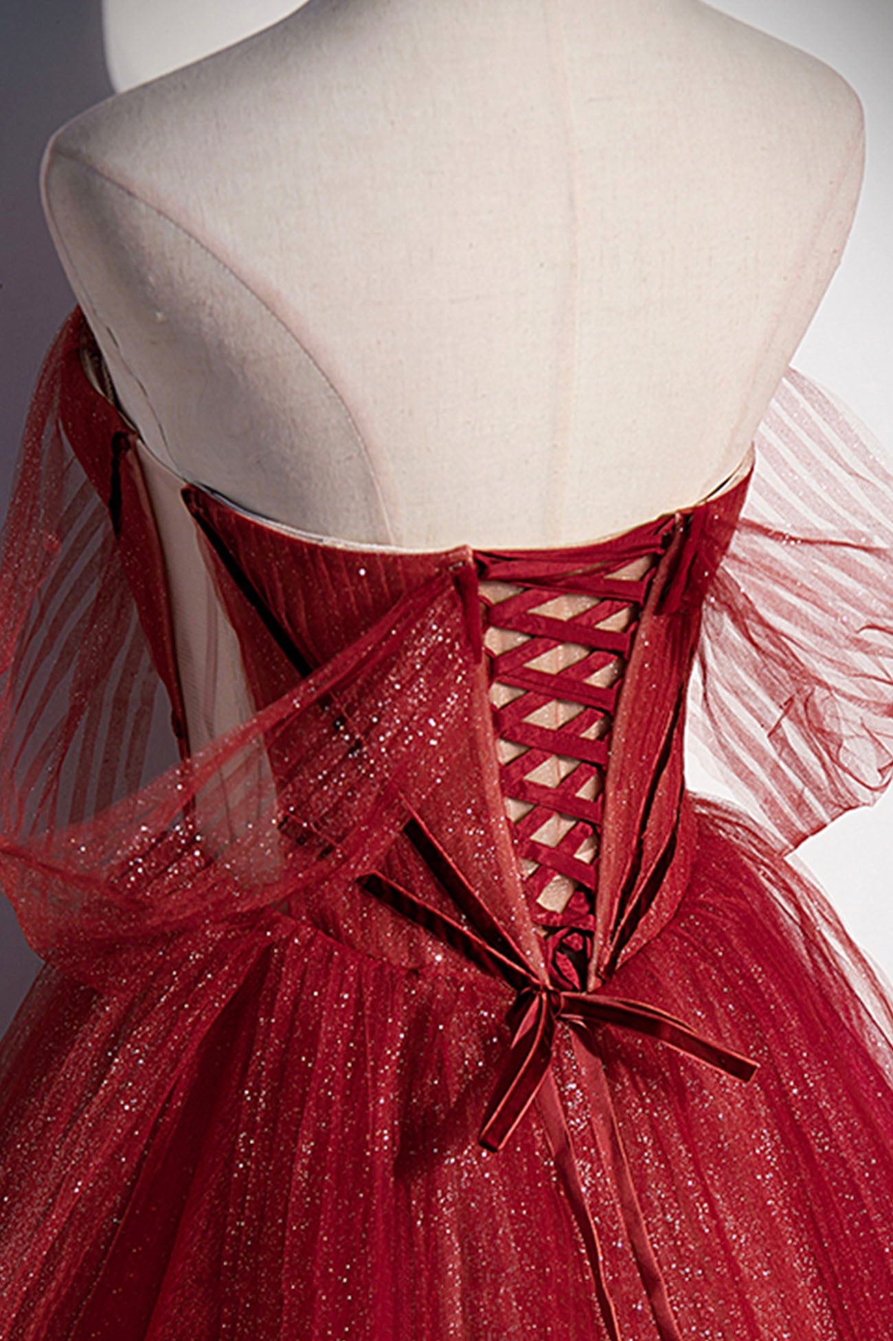 Burgundy tulle sequins long prom dress A line evening gown  10632