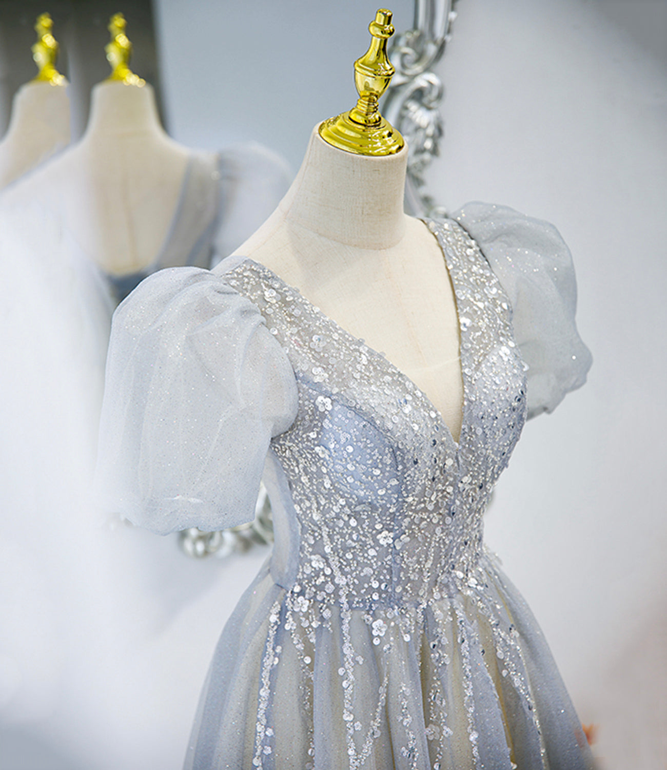 Gray tulle beads long prom dress A line evening gown  10488
