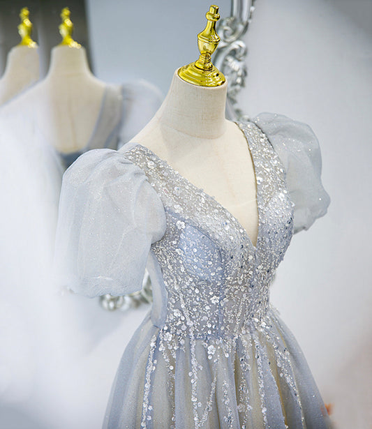 Gray tulle beads long prom dress A line evening gown  10488
