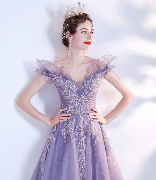 Purple tulle sequins long prom dress A line evening dress  10463