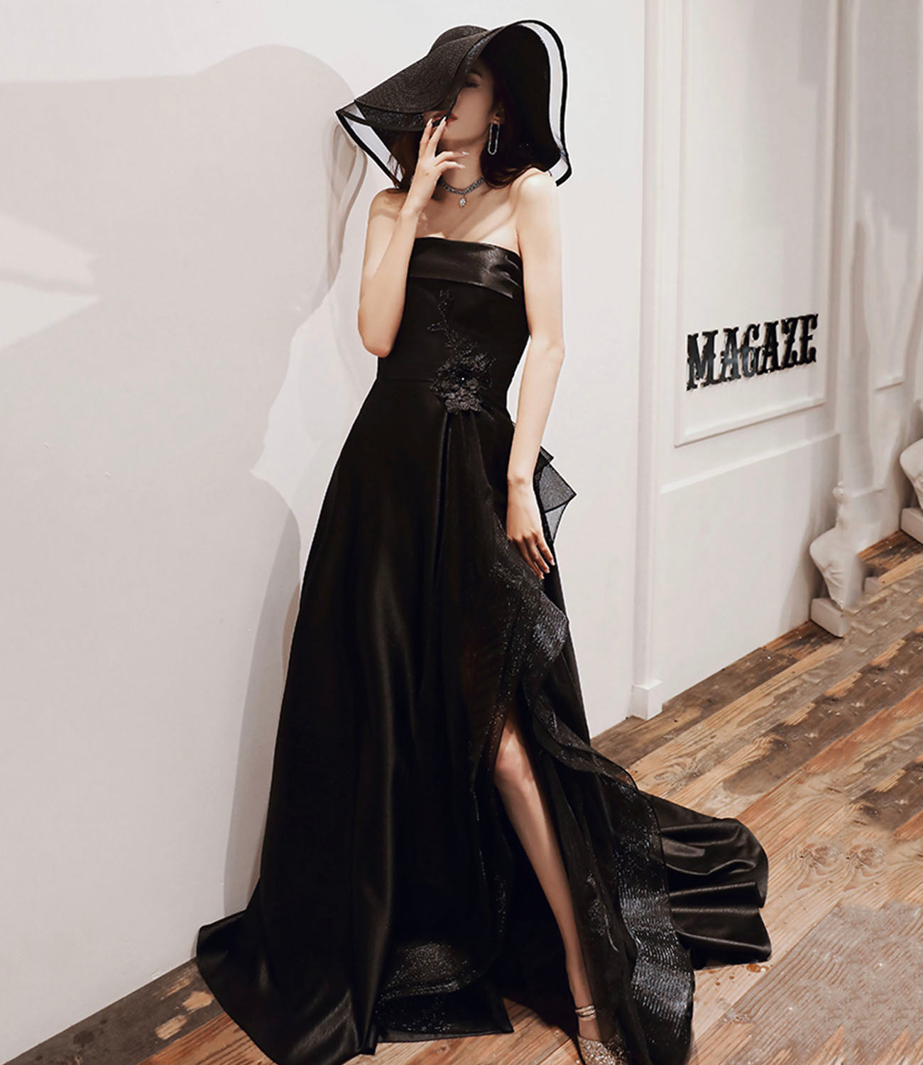 Black satin tulle high low prom dress evening dress  10443