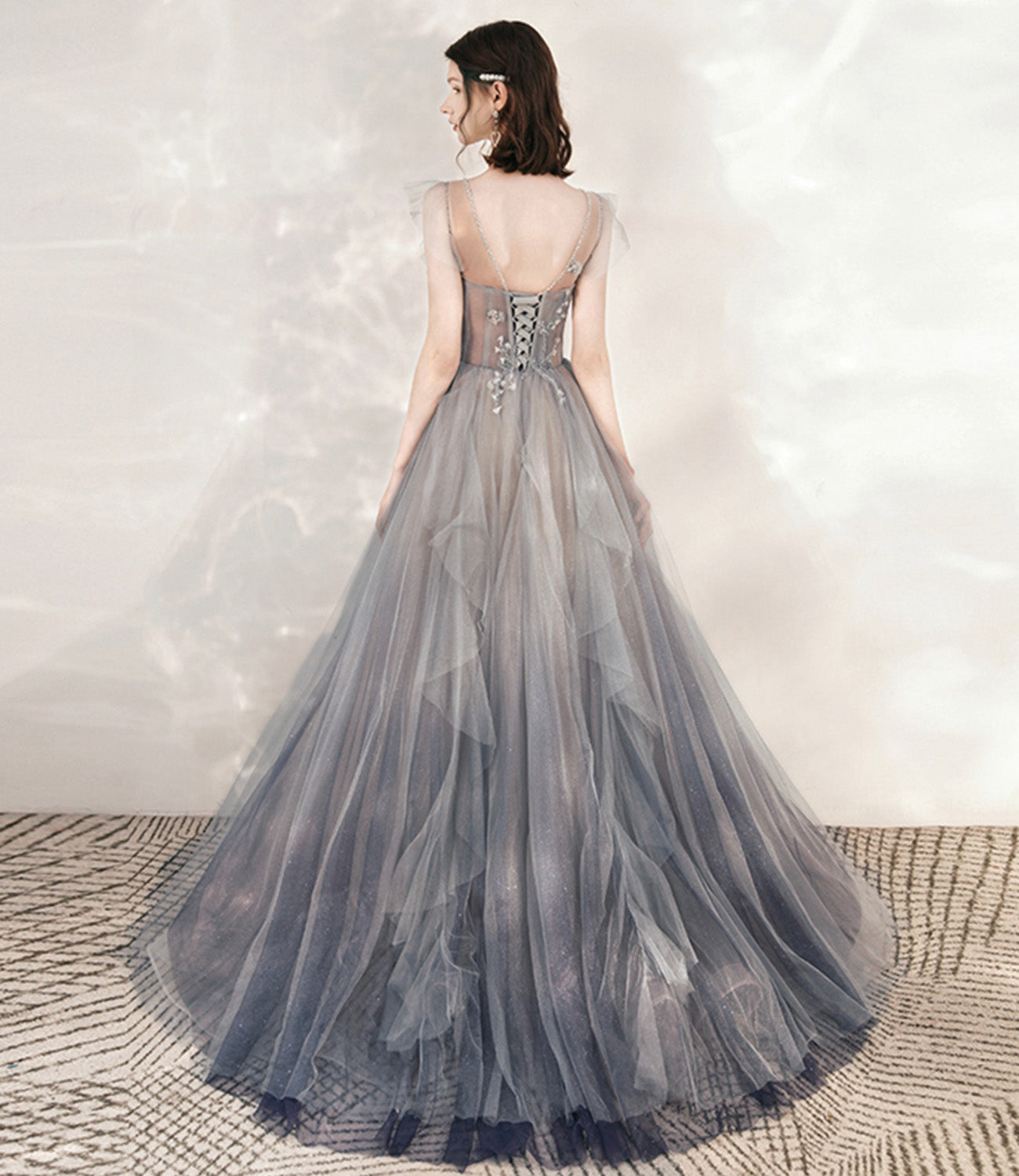 Cute tulle beads long prom dress A line formal dress  10547