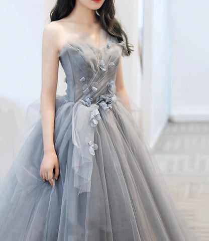 Gray tulle applique long prom dress A line evening gown  10485
