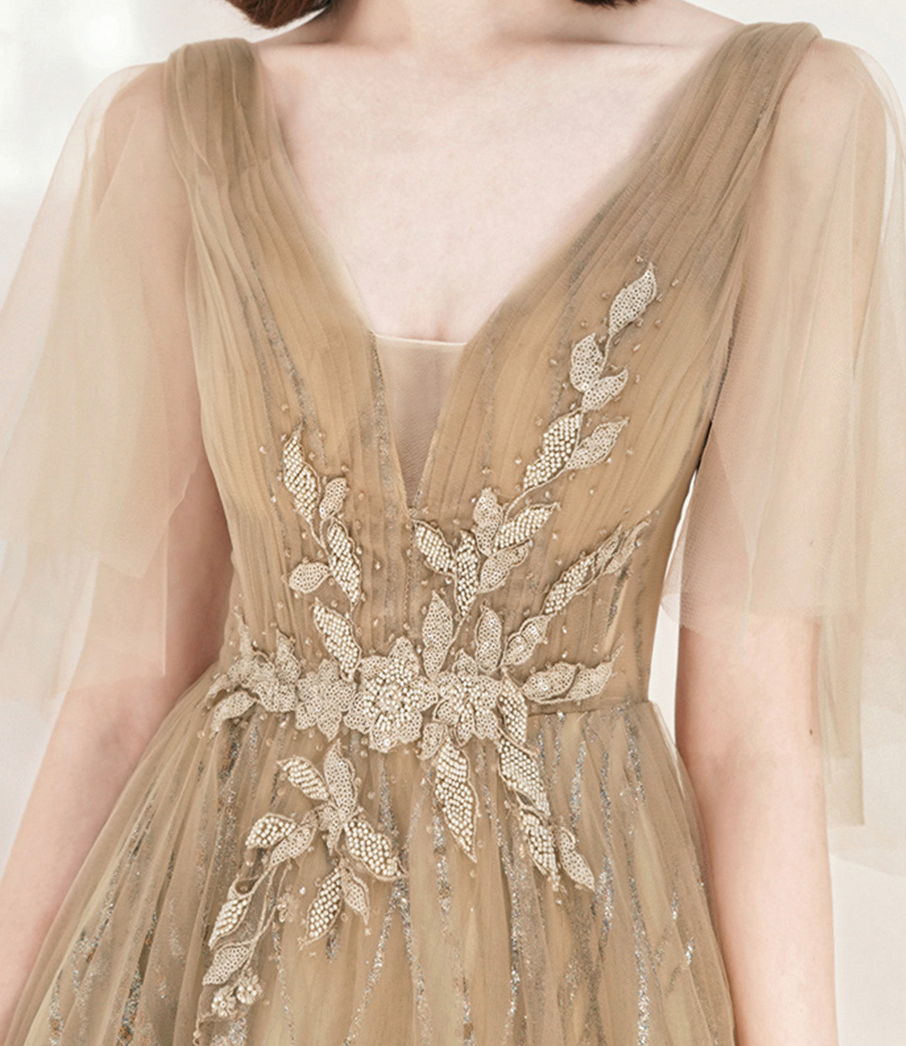 Champagne tulle sequins long prom dress A line evening dress  10548