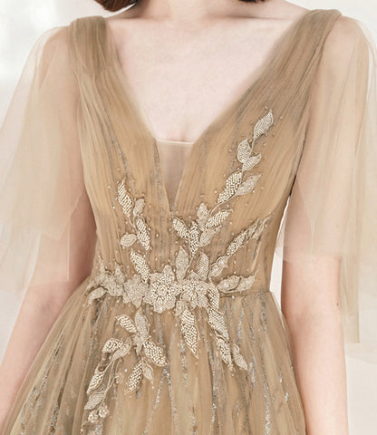 Champagne tulle sequins long prom dress A line evening dress  10548