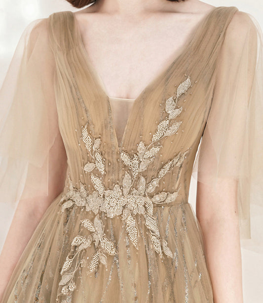 Champagne tulle sequins long prom dress A line evening dress  10548