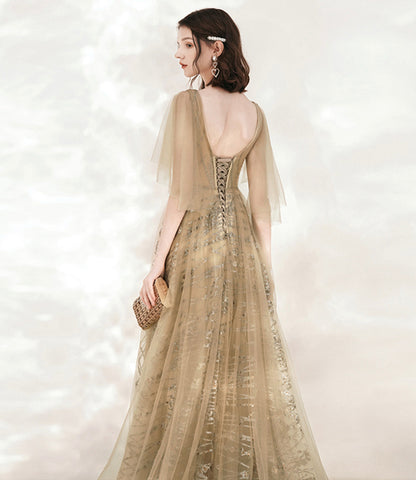 Champagne tulle sequins long prom dress A line evening dress  10548