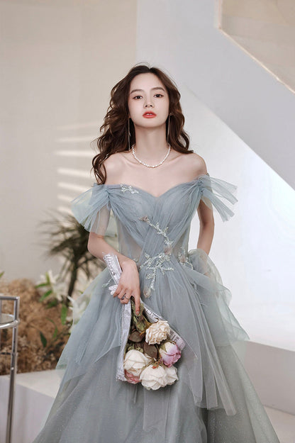 Gray tulle sequins long prom dress A line evening dress  10646