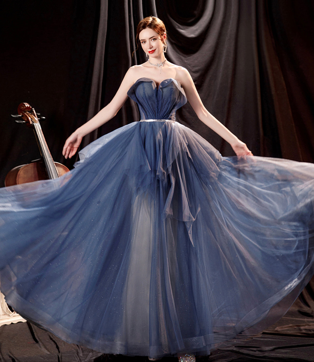Blue tulle long A line prom dress blue evening dress  10533
