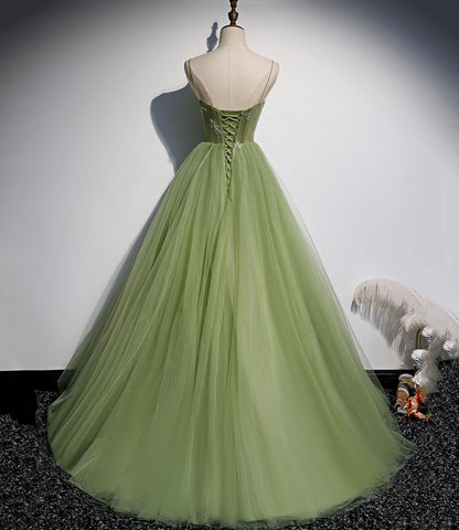 Green tulle long prom dress A line evening dress  10651