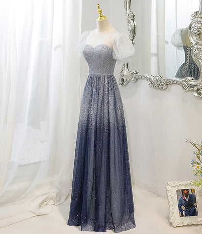 Gray tulle beads long prom dress A line evening dress  10483