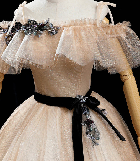 Champagne tulle sequins long prom dress formal dress  10458