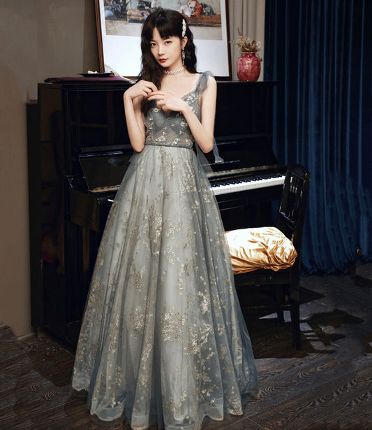 Gray tulle sequins A line prom dress gray evening dress  10433