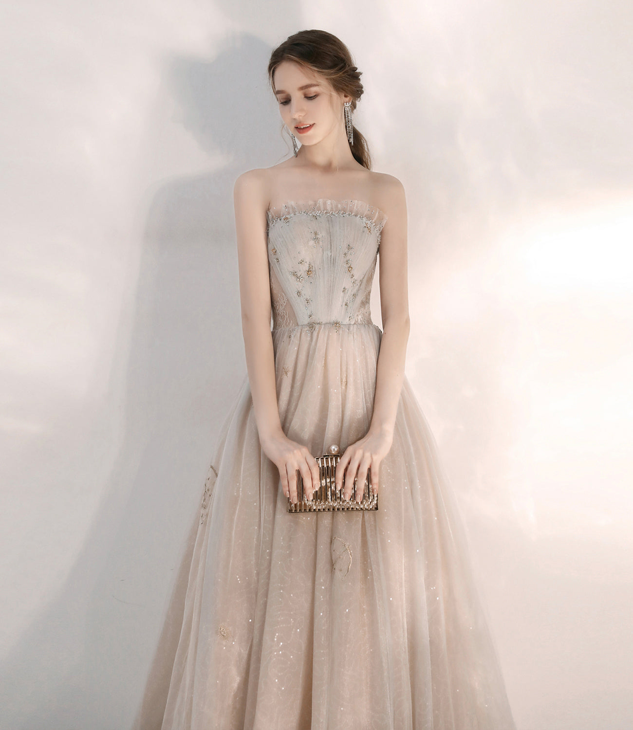 Champagne tulle sequins long prom dress evening dress  10375