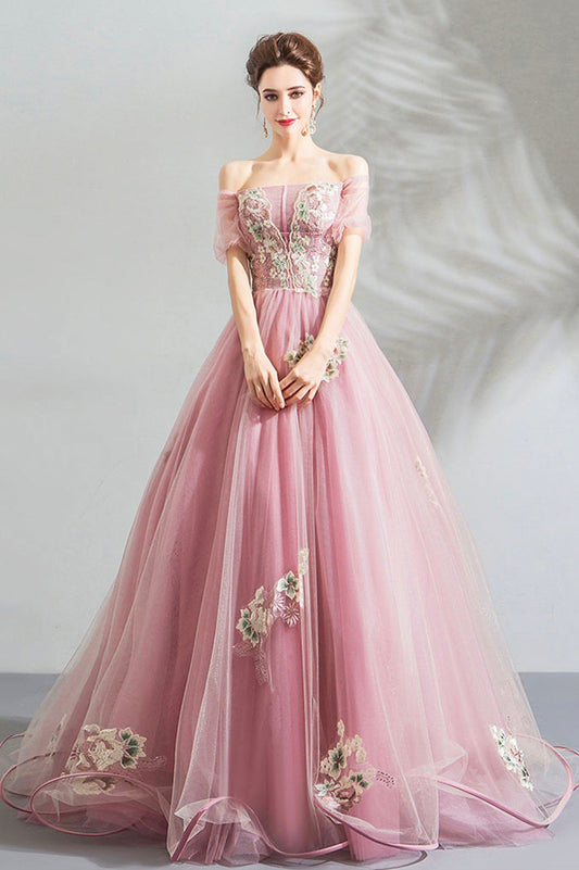 Pink tulle lace long prom dress evening dress  10623