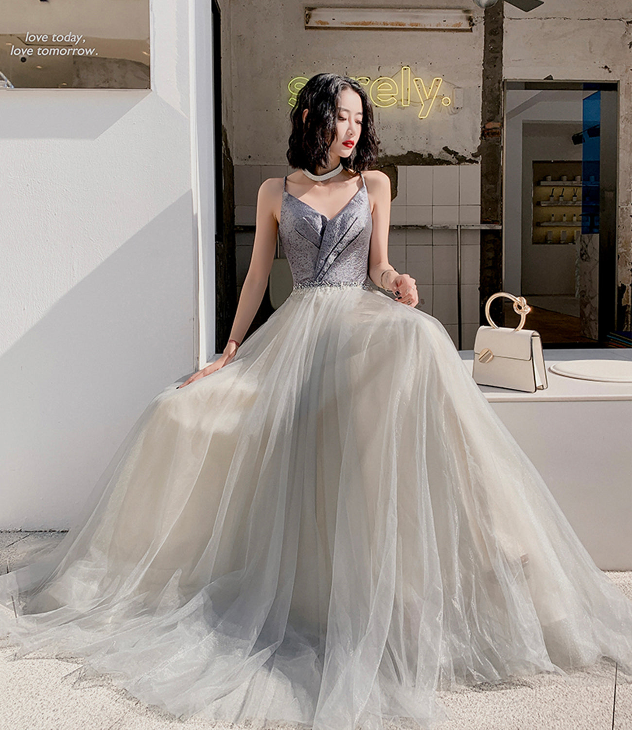 Gray tulle beads long prom dress A line evening dress  10514