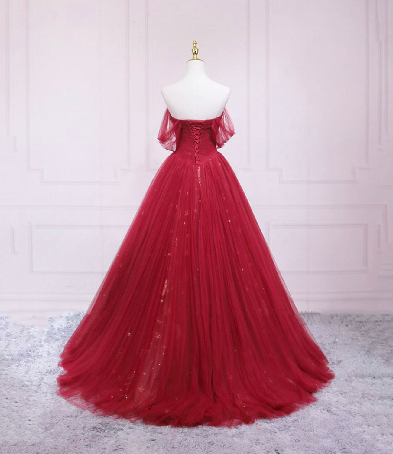 Red tulle sequins long prom dress A line evening dress  10569