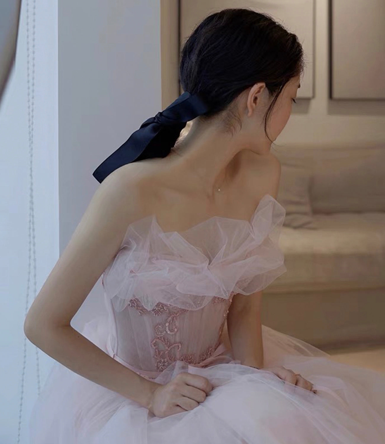 Pink tulle sequins long prom gown A line evening gown  10302