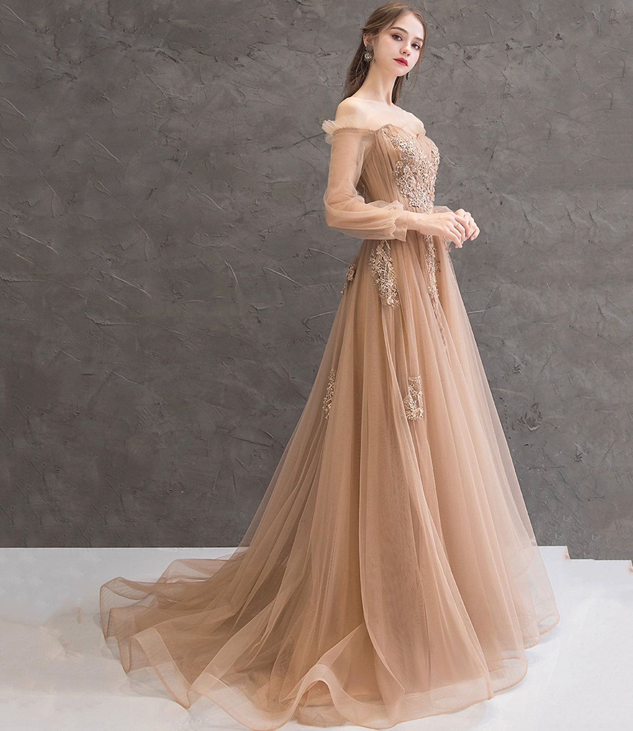 Elegant tulle lace long prom dress A line evening gown  10344