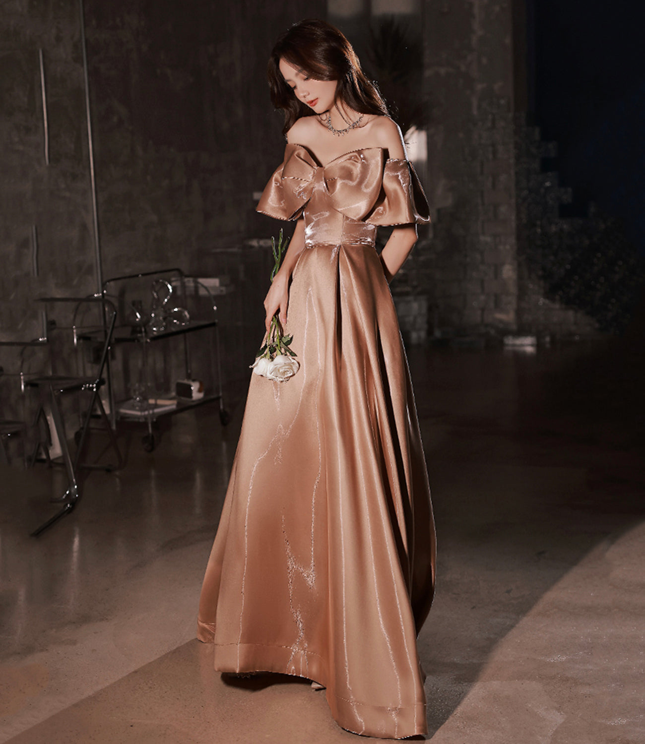 Lovely Bow Satin Long Ball Gown Formal Dress  10382