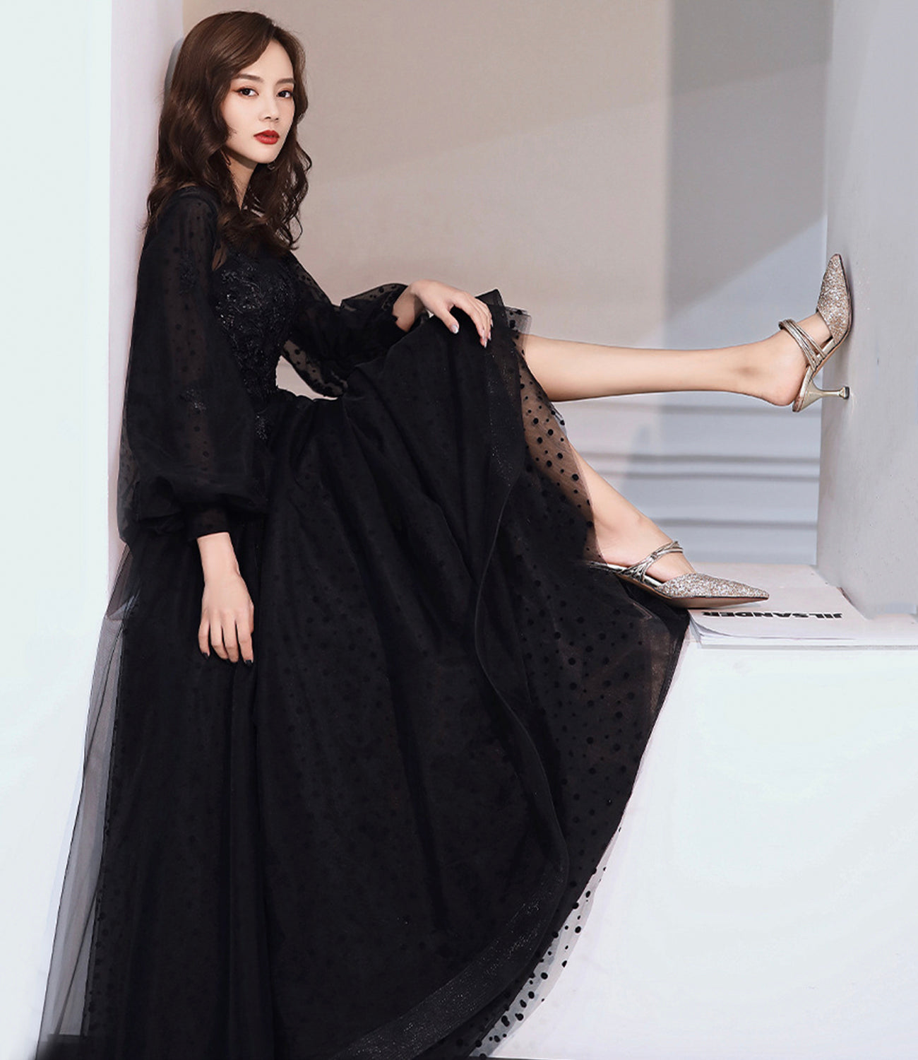 Black tulle lace long prom dress A line evening dress  10460