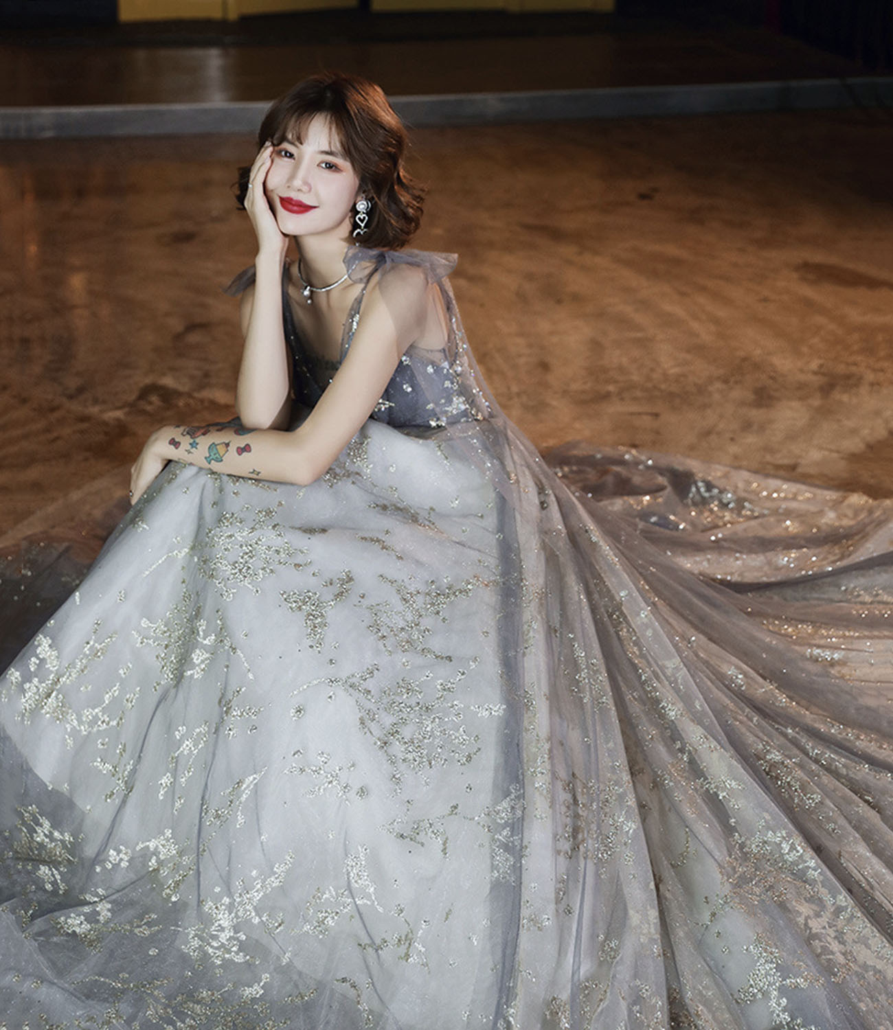 Gray tulle sequins long prom dress A line evening gown  10436