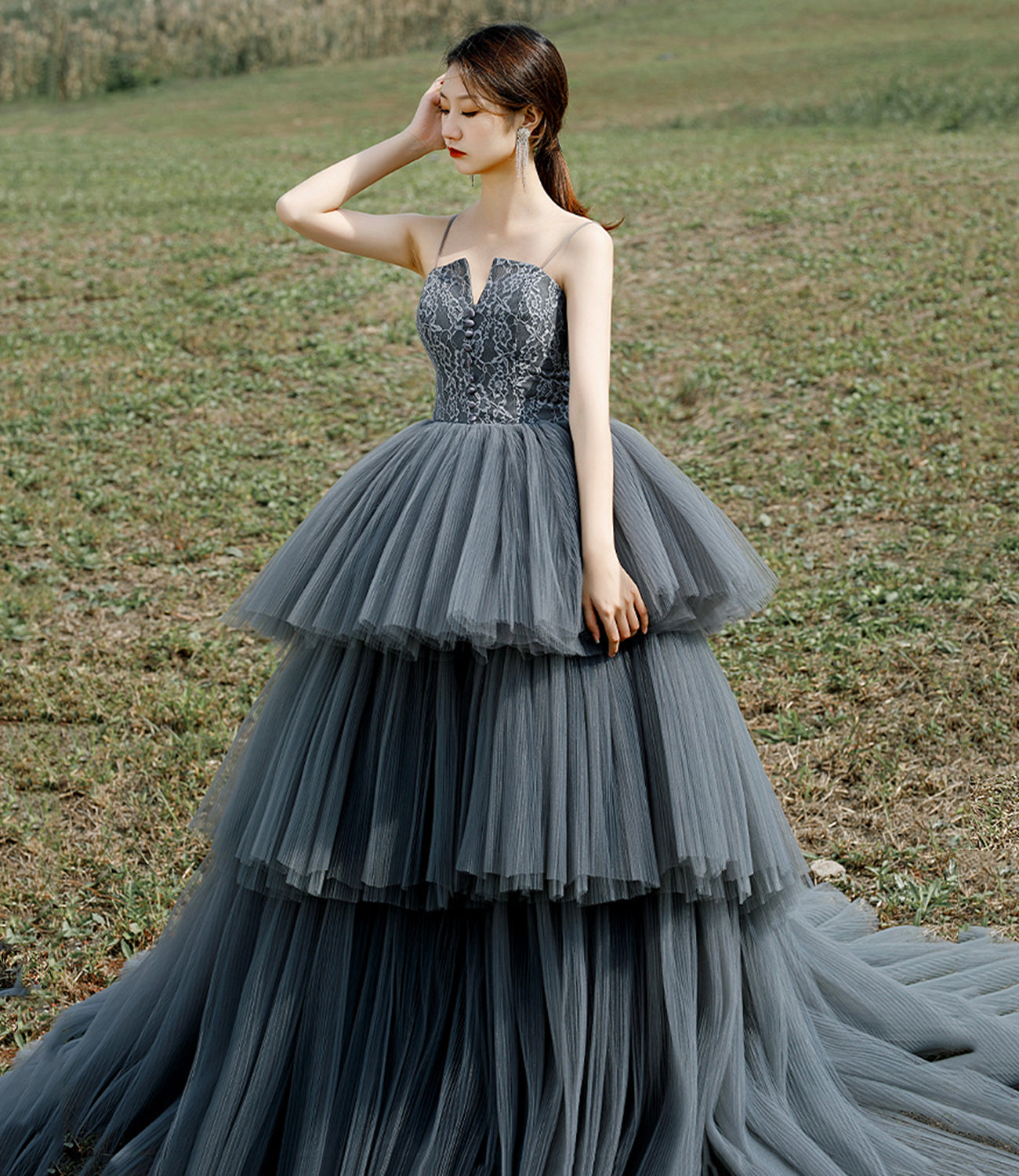 Gray tulle lace long ball gown dress formal dress  10306