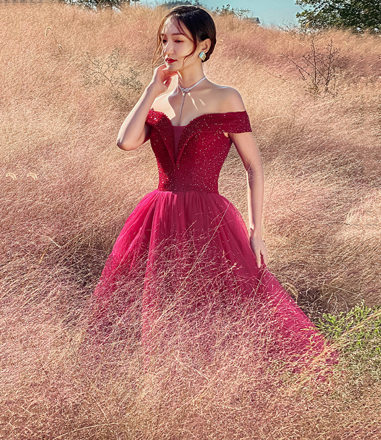 Red tulle beads long prom dress A line evening dress  10307