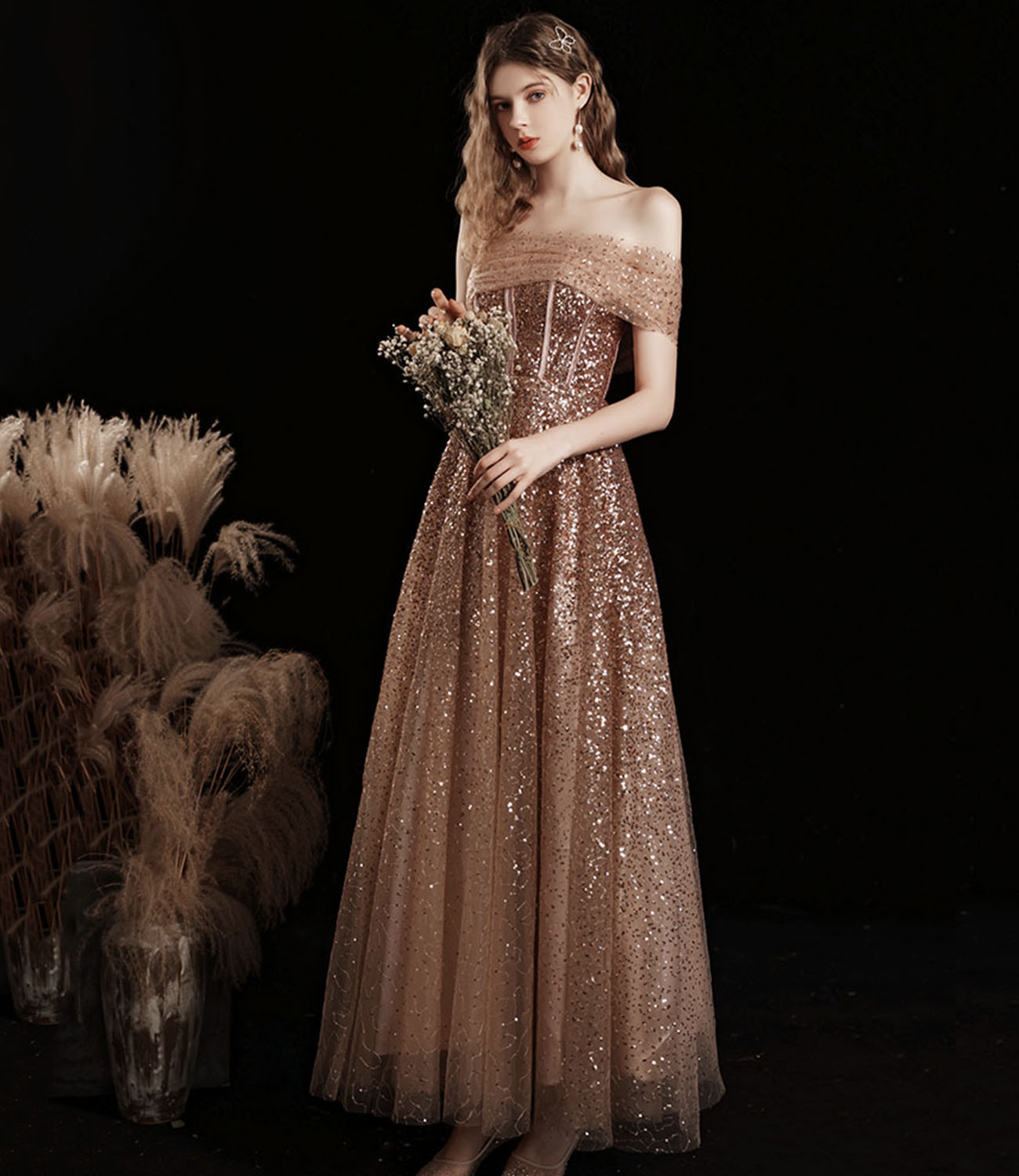 Shiny tulle sequins tea length prom dress evening dress  10412