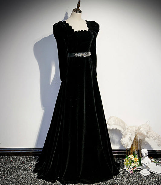 Black velvet long prom dress A line evening dress  10330