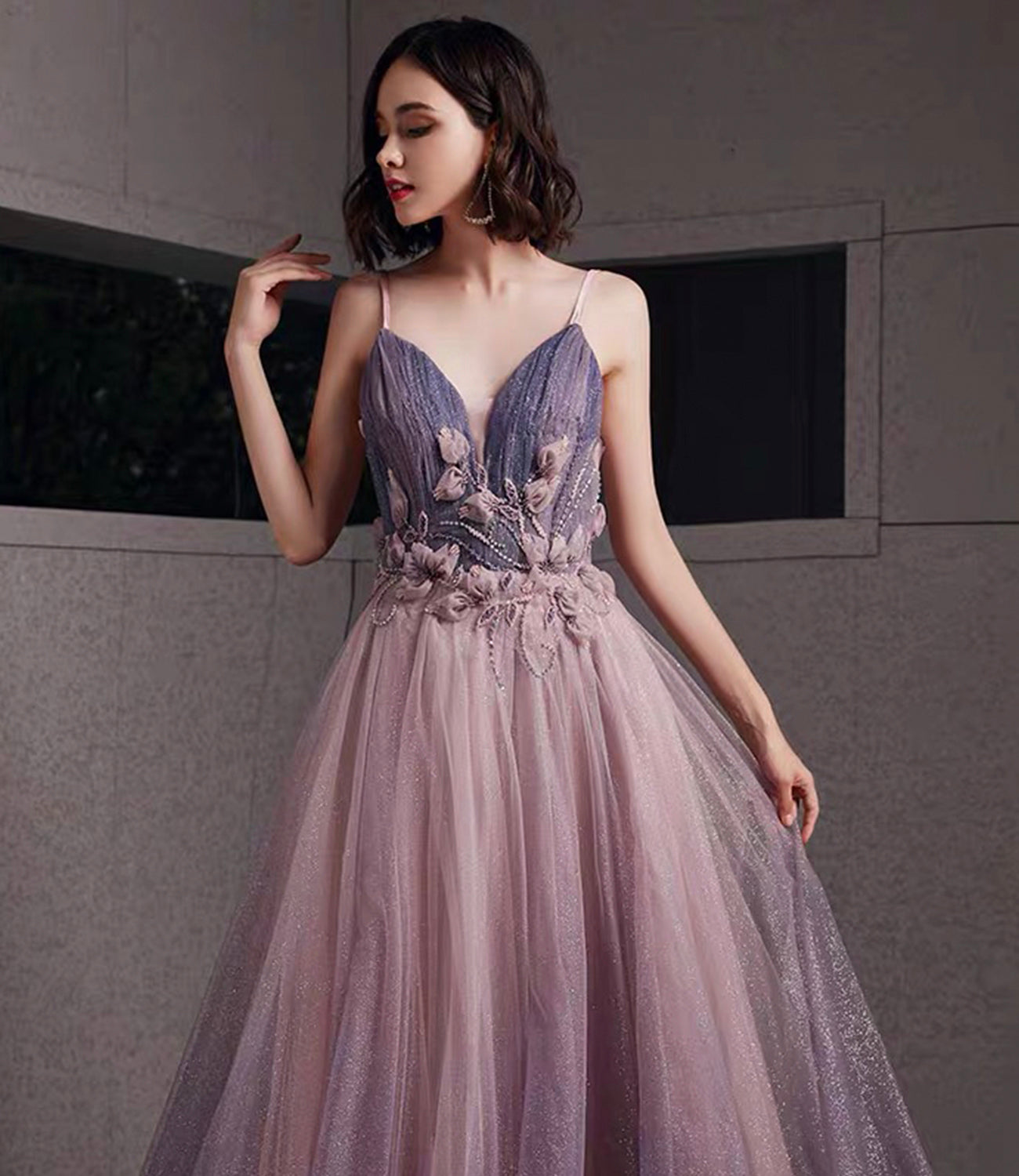 Purple tulle sequins long prom dress A line evening gown  10480