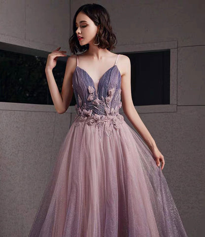 Purple tulle sequins long prom dress A line evening gown  10480