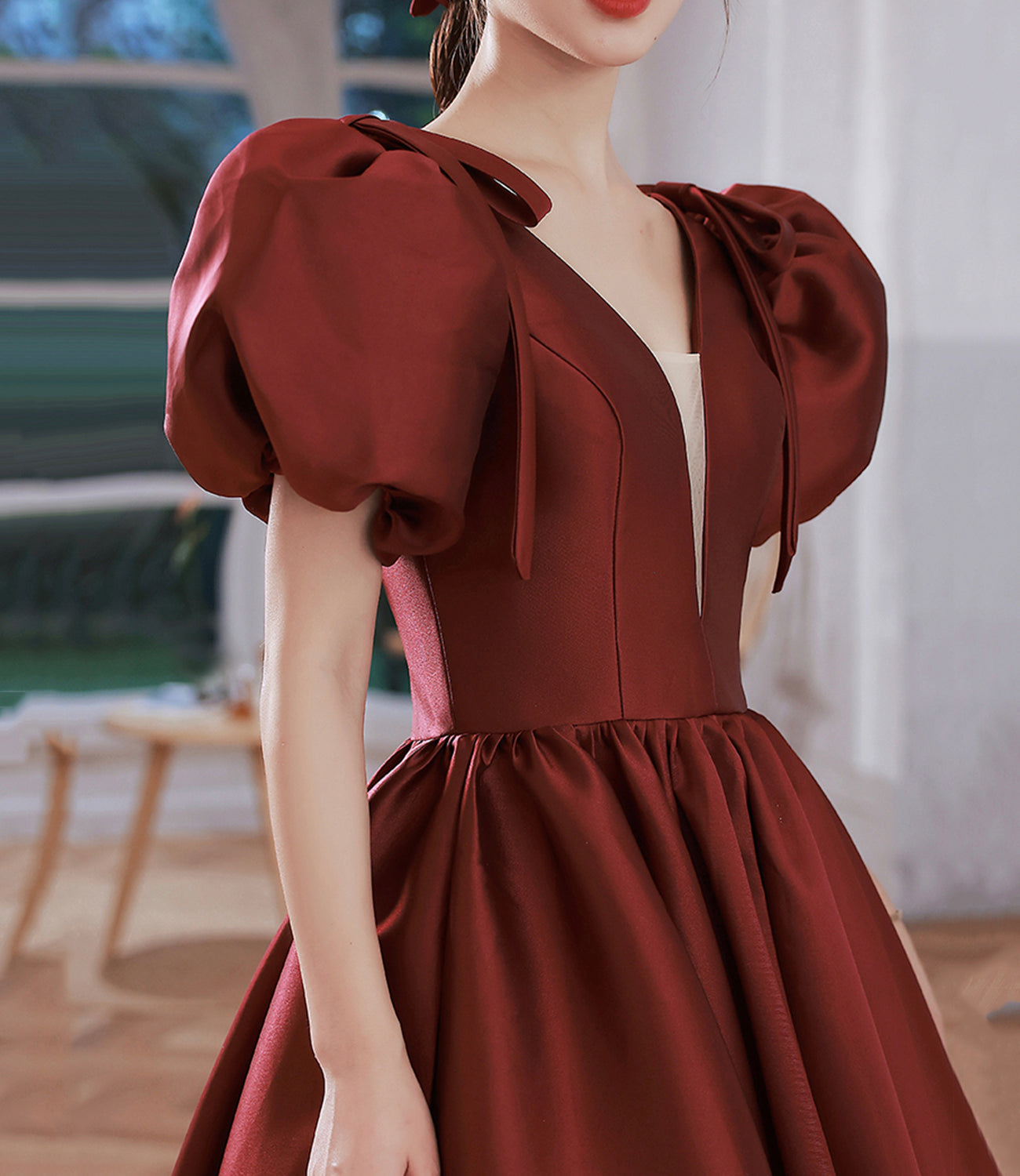 Burgundy v neck satin long prom gown A line formal gown  10314