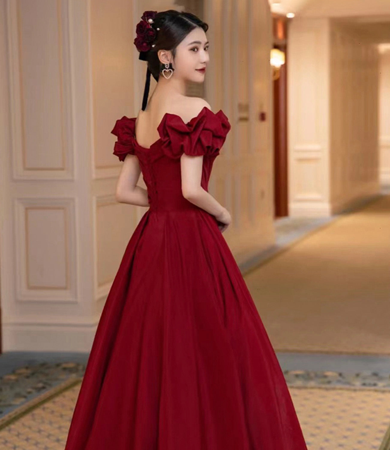 Burgundy satin long prom dress A line evening dress  10450