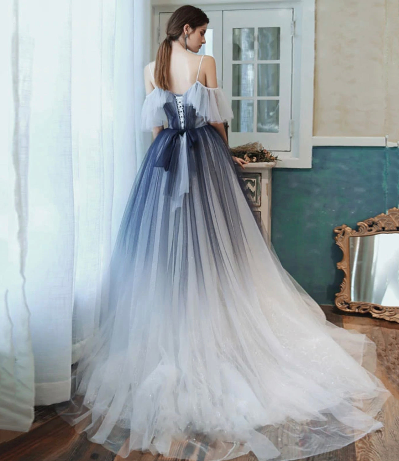 Blue tulle sequins long prom dress A line evening dress  10401