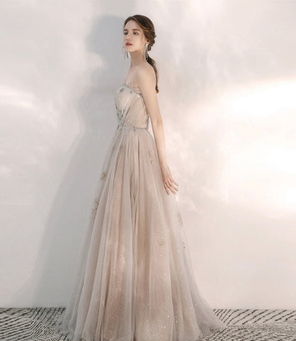 Champagne tulle sequins long prom dress evening dress  10375