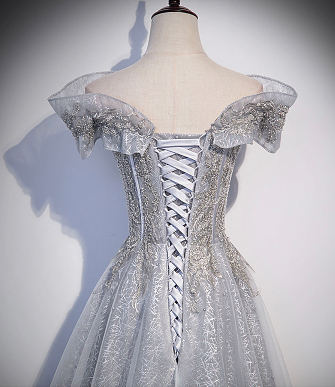 Gray tulle lace long prom dress A line evening gown  10406