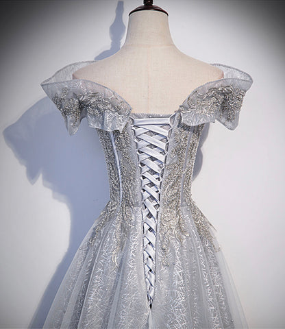 Gray tulle lace long prom dress A line evening gown  10406