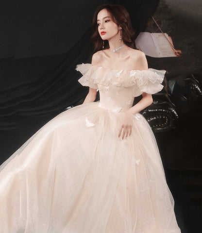Champagne tulle long prom dress A line evening dress  10423