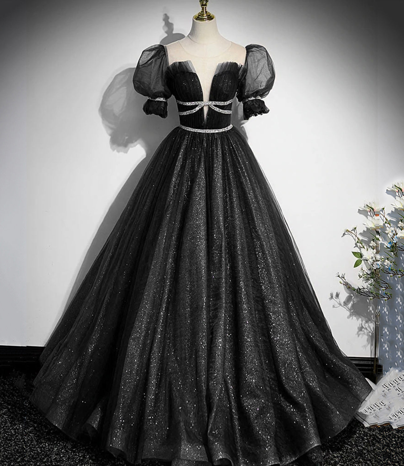 Shiny tulle sequins long prom dress A line evening gown  10380