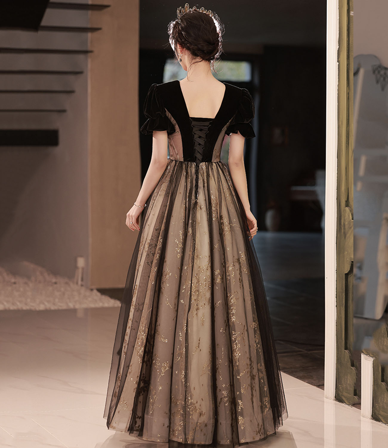 Black tulle sequins long prom dress A line evening dress  10441